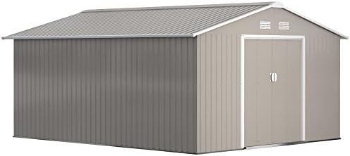 Outsunny 11′ x 13′ Outdoor Storage Shed, Garden Tool Metal Shed with Foundation Kit, Double Lockable Door, Air Vents and Sloping Roof, for Backyard, Patio, Lawn, Light Gray